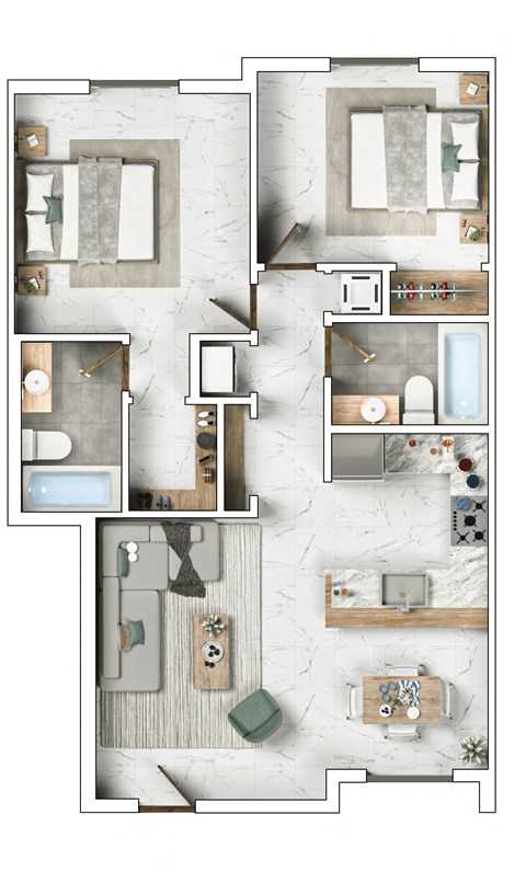 Floor plan for 2 beds, 1 bath, 880 sqft